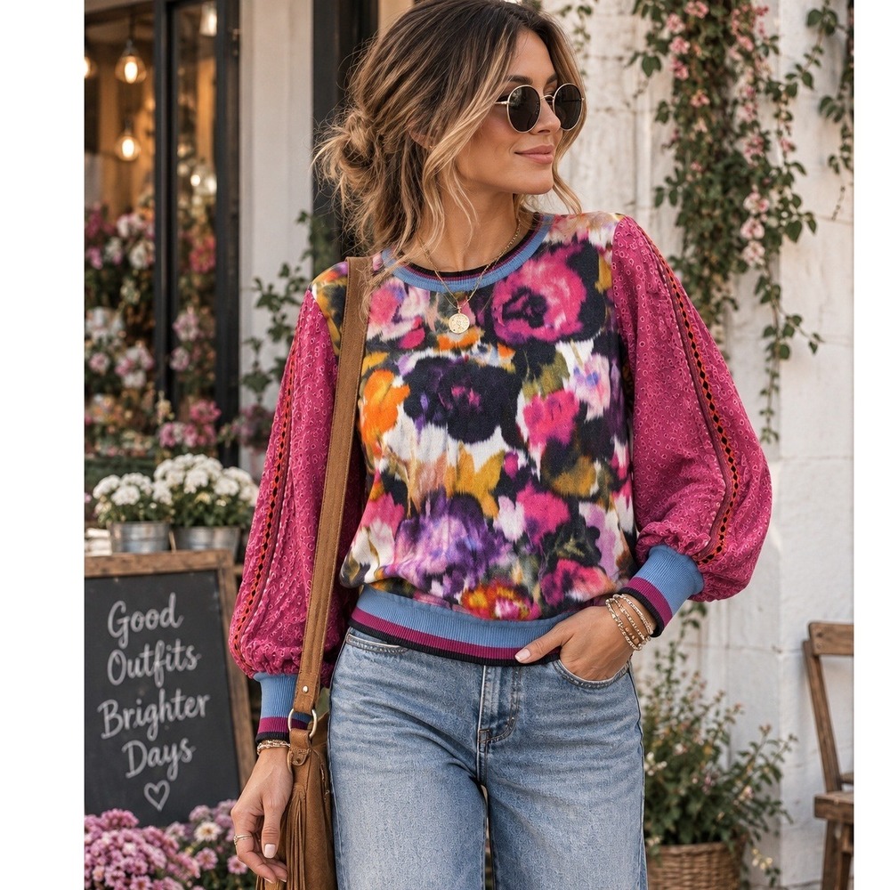 BL^NK London Sinead Floral Eyelet Balloon Sleeve Pullover M